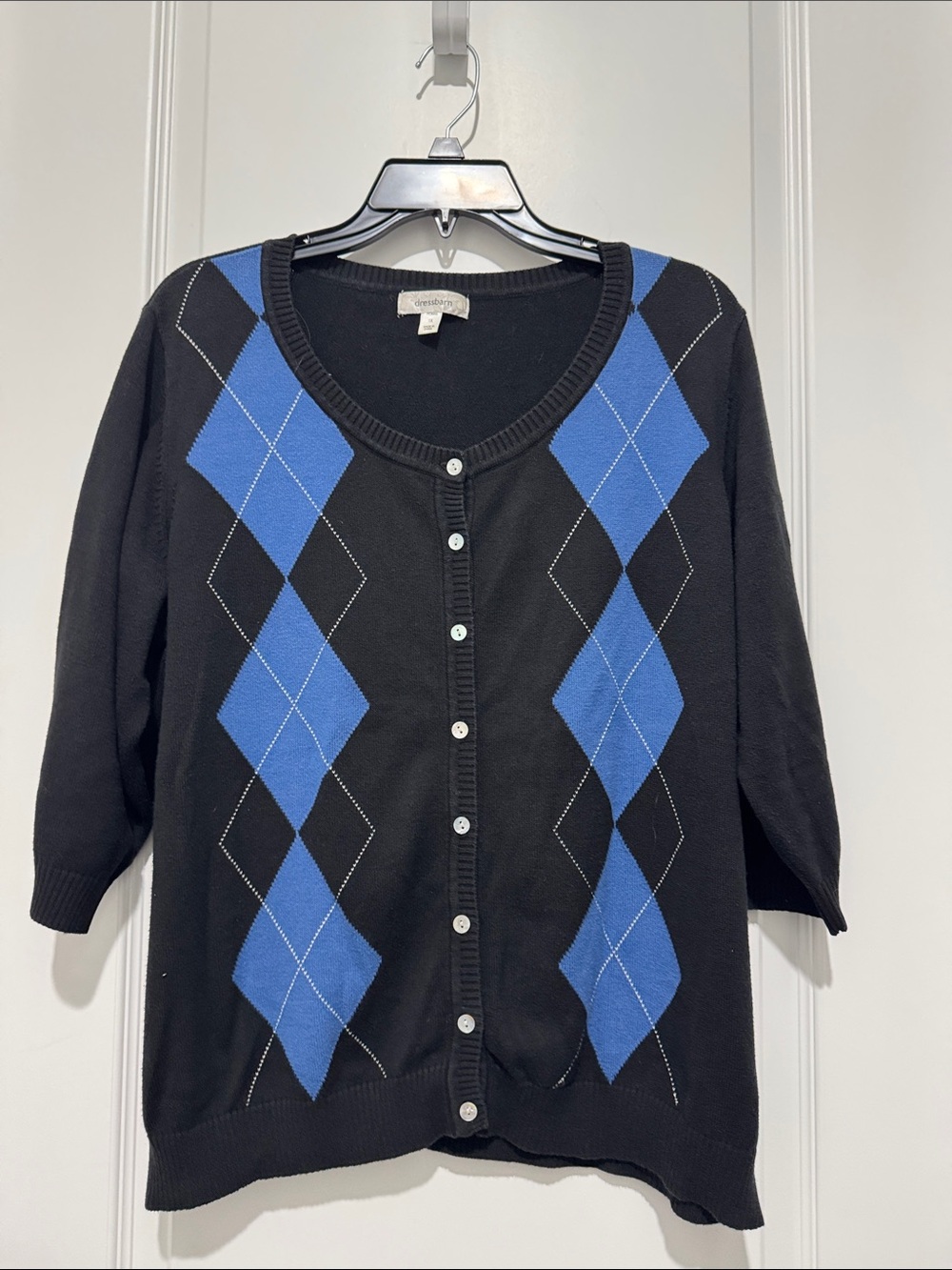 DressBarn Black and Blue Argyle Button-Front Cardigan 1x